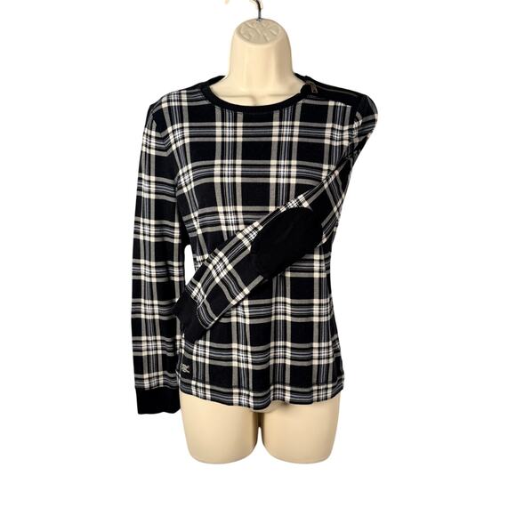 Lauren Ralph Lauren T-shirt Womens Small Plaid Faux Suede Elbow Patch 3/4 Sleeve - Picture 6 of 9